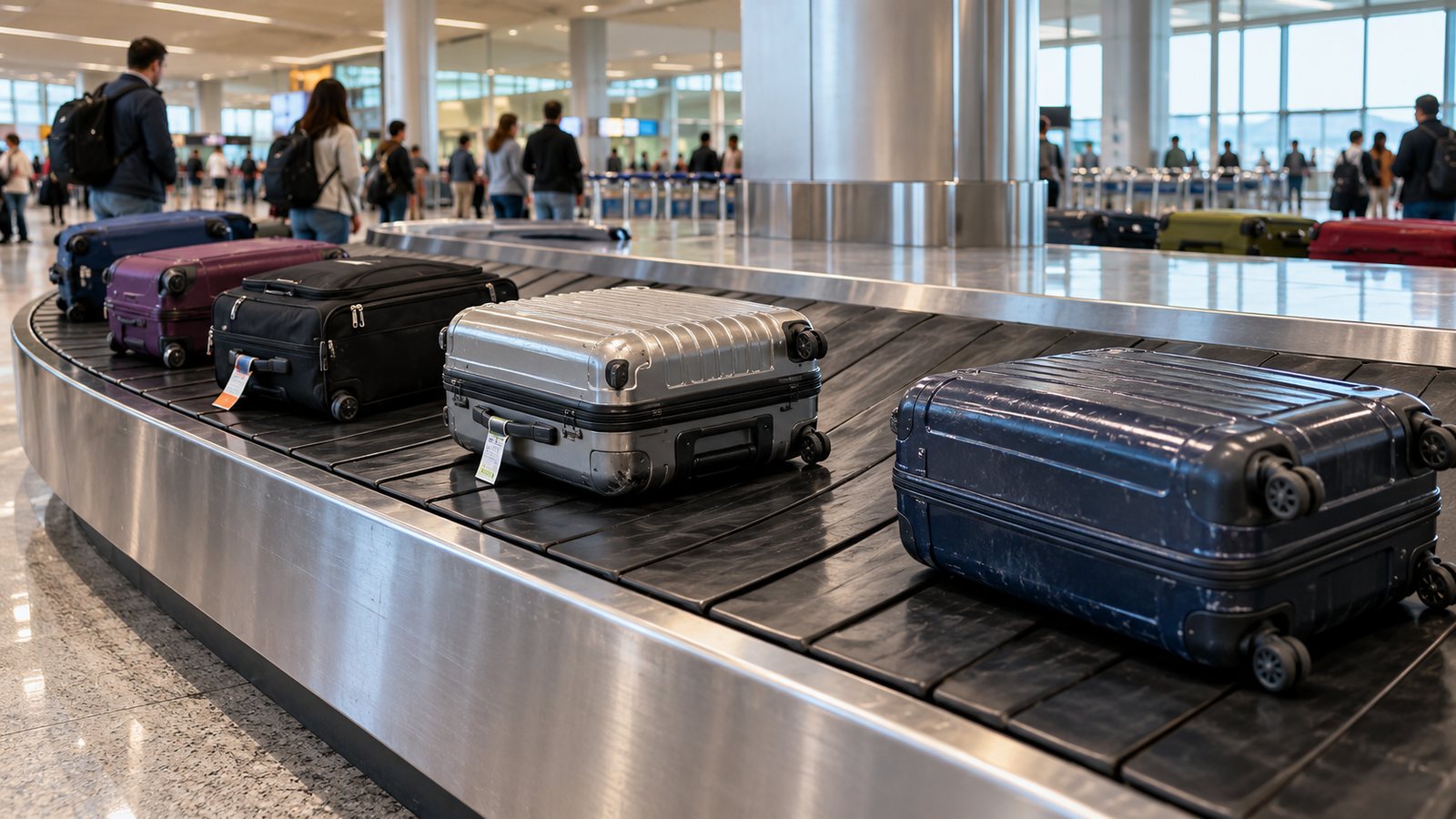 Checked suitcases on an airport baggage carousel (illustrative)