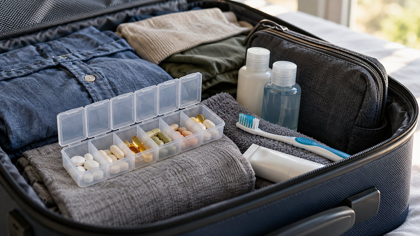 Medications packed in a travel bag (illustrative)
