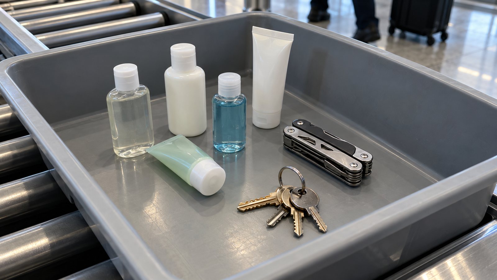 Travel items in an airport security bin (illustrative)